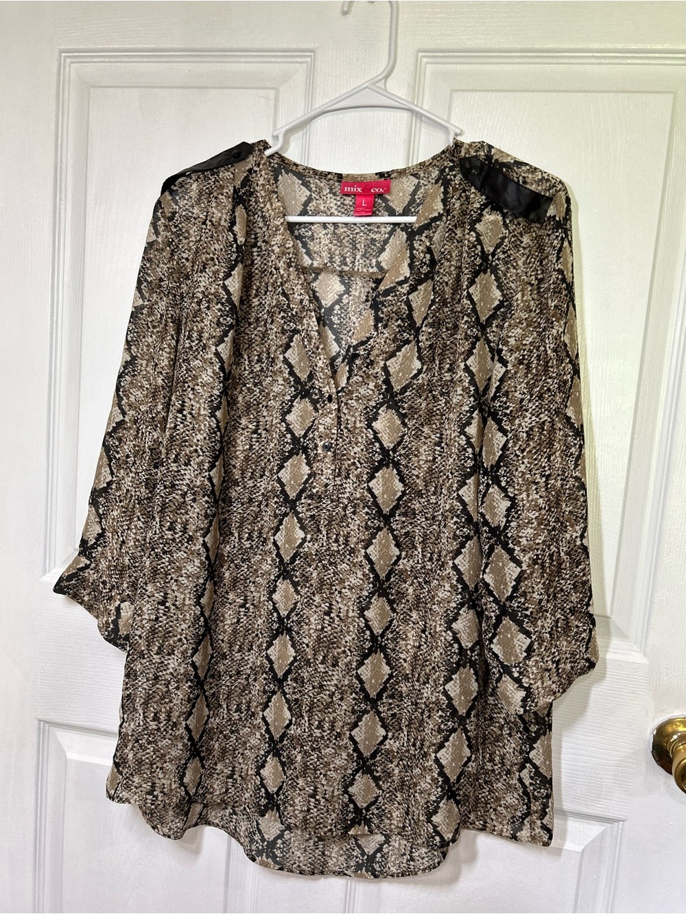 Mix & Co. Sheer Snakeskin Animal Print Top Faux Leather Detail Large
